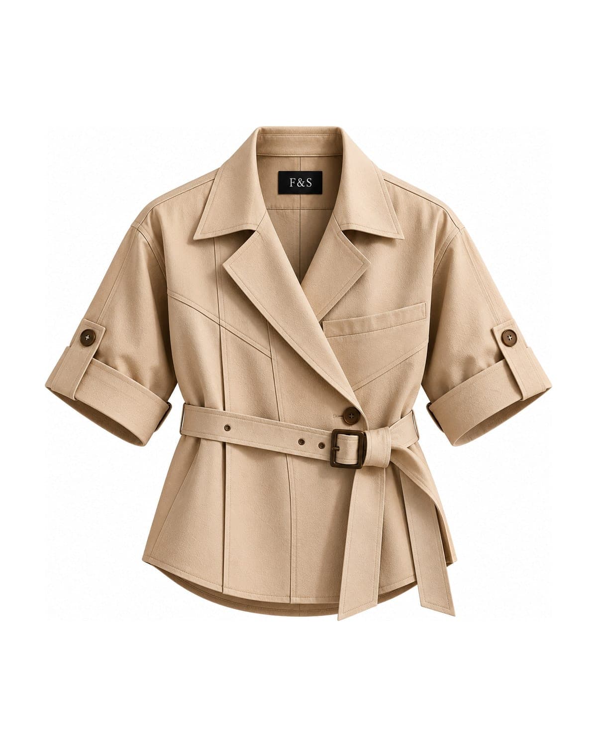 F&S Atelier Sandstone Belted Shirt Jacket — front view
