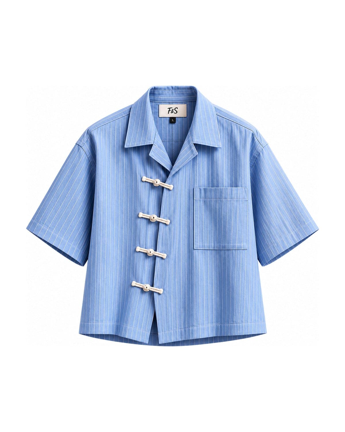 F&S Atelier Sky Blue Pinstripe Toggle Shirt — front view