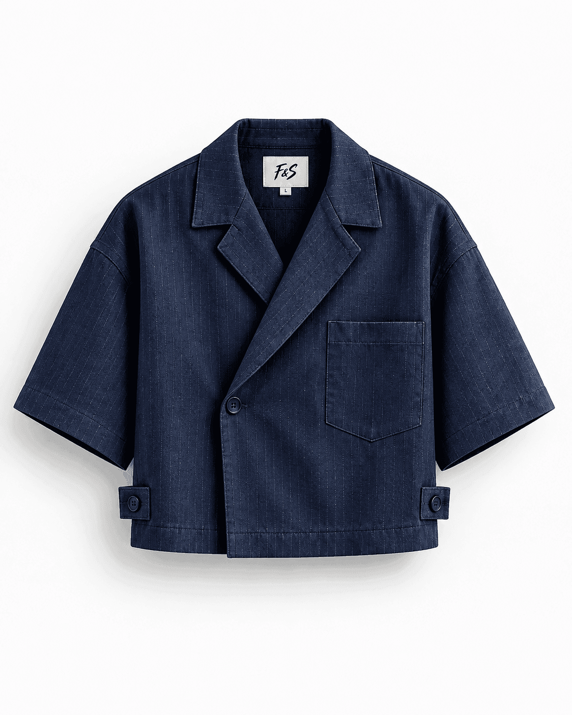 F&S Atelier Indigo Pinstripe Shirt Jacket — front view