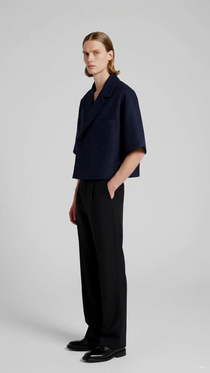 F&S Atelier Indigo Pinstripe Shirt Jacket worn by a model