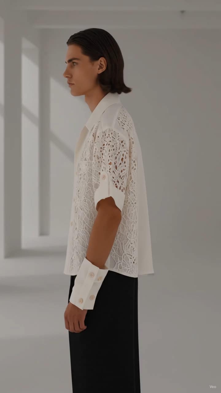F&S Atelier Ivory Lace Embroidered Shirt worn by a model