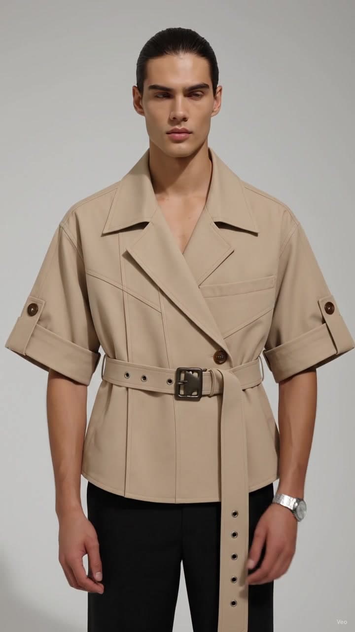 F&S Atelier Sandstone Belted Shirt Jacket worn by a model