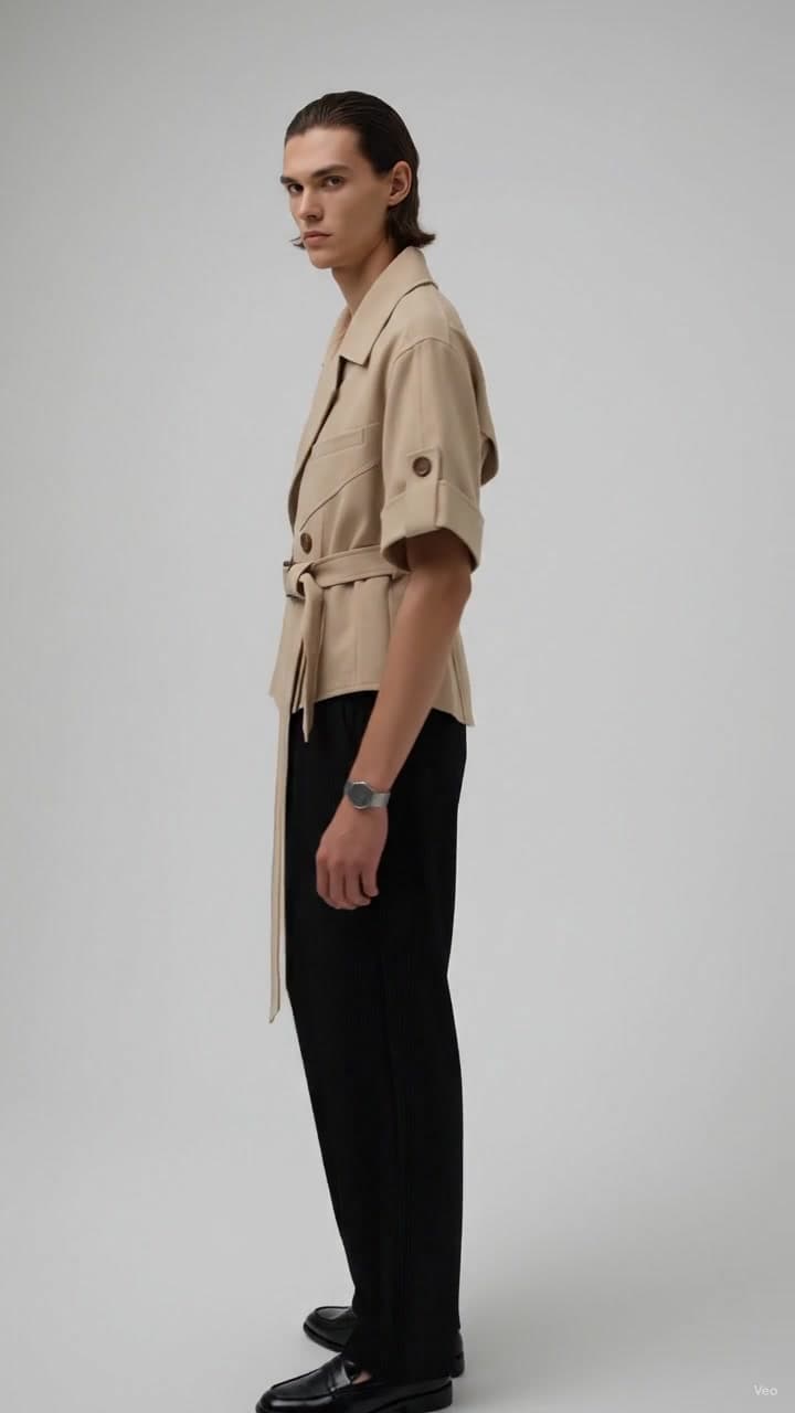 F&S Atelier Sandstone Belted Shirt Jacket worn by a model