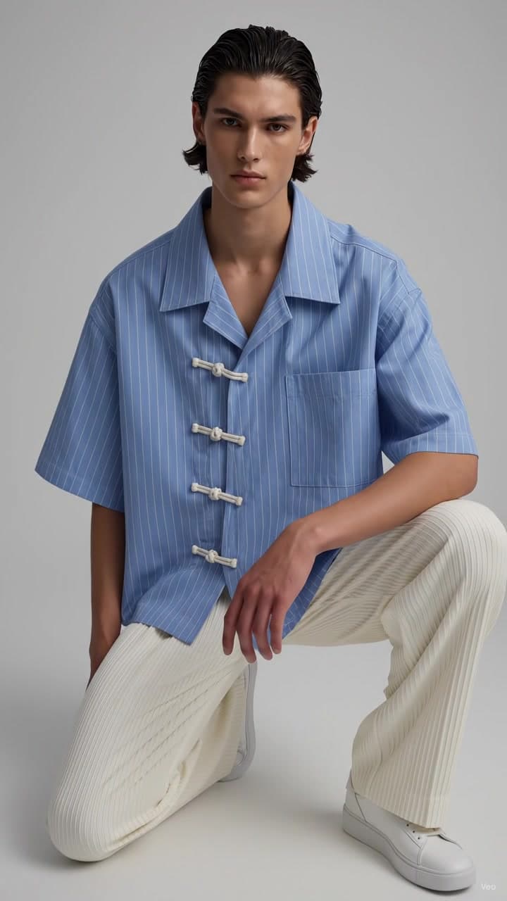 F&S Atelier Sky Blue Pinstripe Toggle Shirt worn by a model